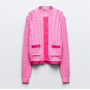 ZARA Small Pink Cableknit Cardigan Sweater with Ribbon Trim